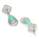 Rhodium Plated Geometric Shape Sea Green American Diamond Contemporary Drop Earrings