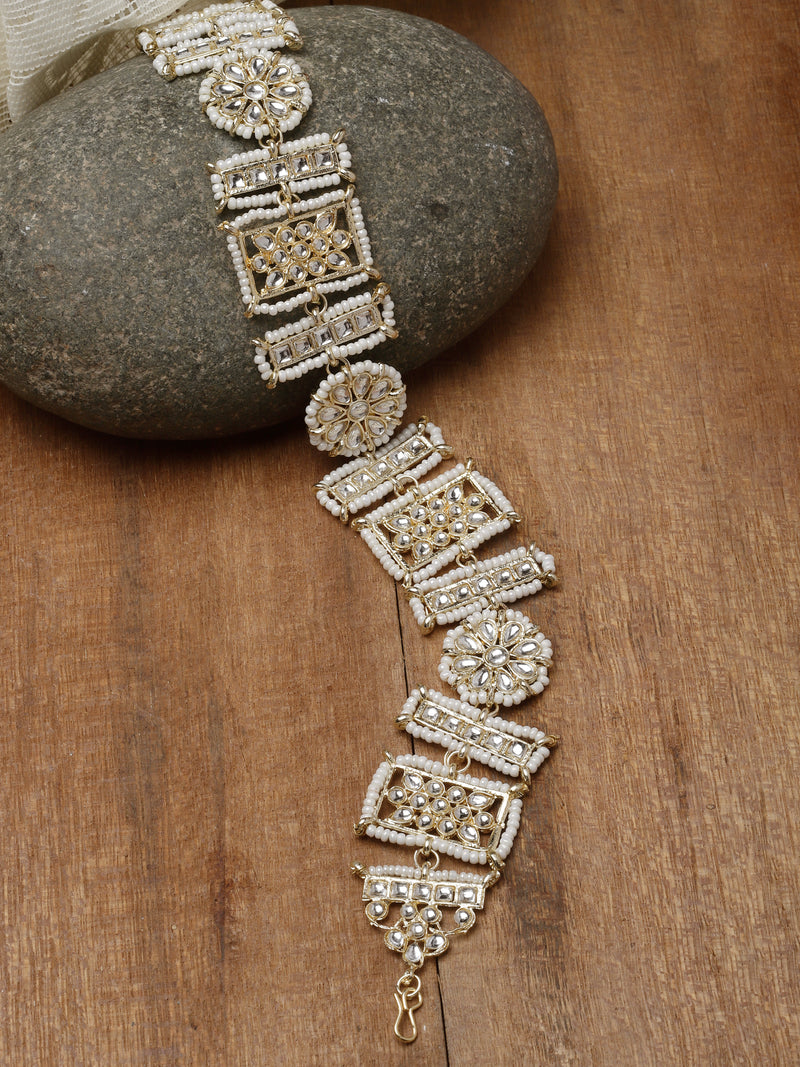 Gold-Plated Square & Round Shape White Kundan studded Matha Patti