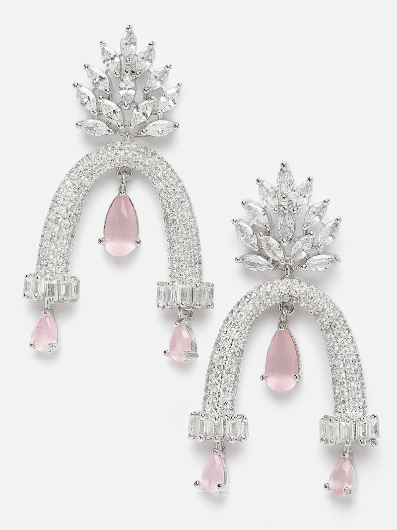 Rhodium-Plated Pink American Diamond studded Quirky Handcrafted Drop Earrings