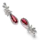 Rhodium Plated Leaf Red American Diamond Contemporary Long Drop Earrings