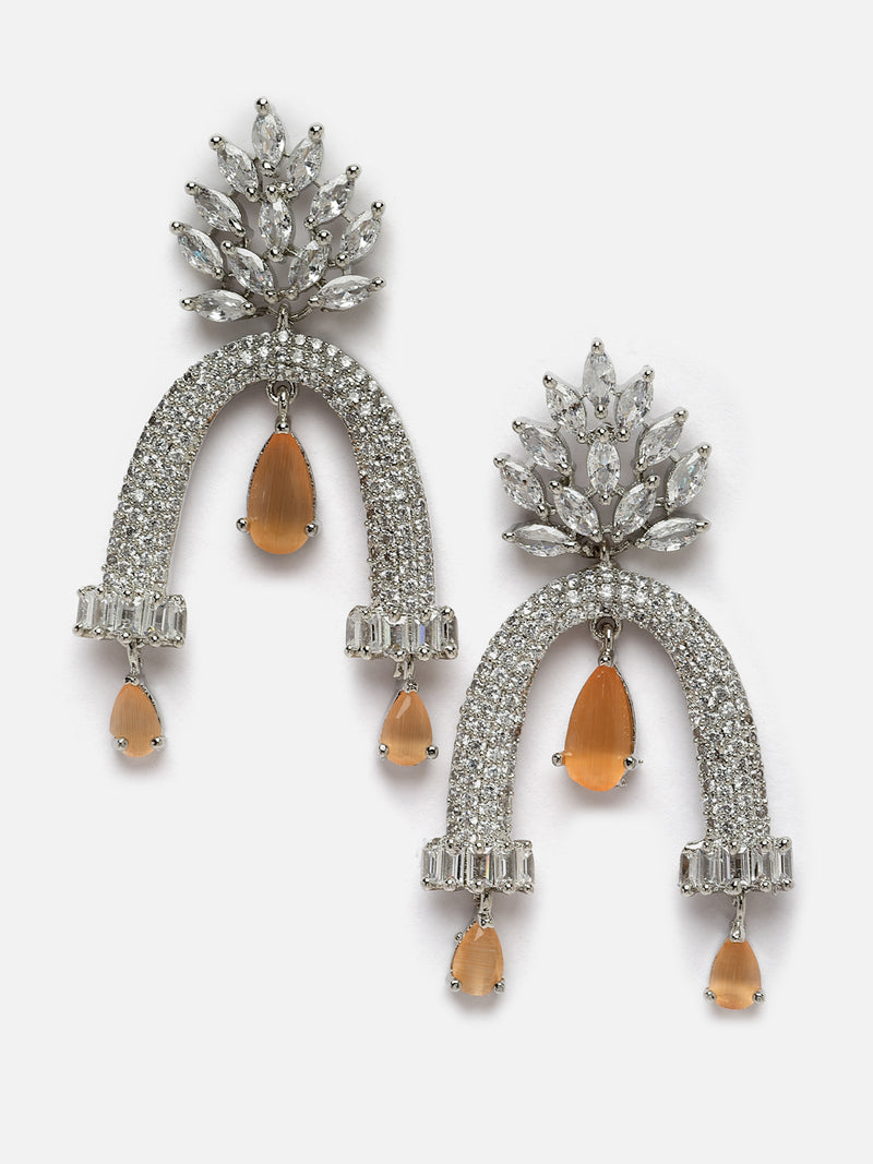 Rhodium-Plated Orange American Diamond studded Quirky Handcrafted Drop Earrings