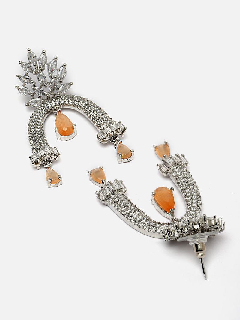 Rhodium-Plated Orange American Diamond studded Quirky Handcrafted Drop Earrings
