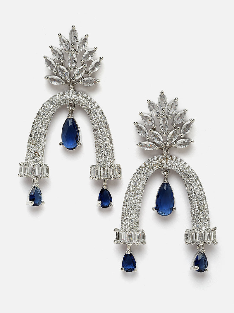 Rhodium-Plated Navy Blue American Diamond studded Quirky Handcrafted Drop Earrings