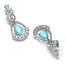 Rhodium Plated Teardrop & Leaf Sea Blue American Diamond Contemporary Long Drop Earrings