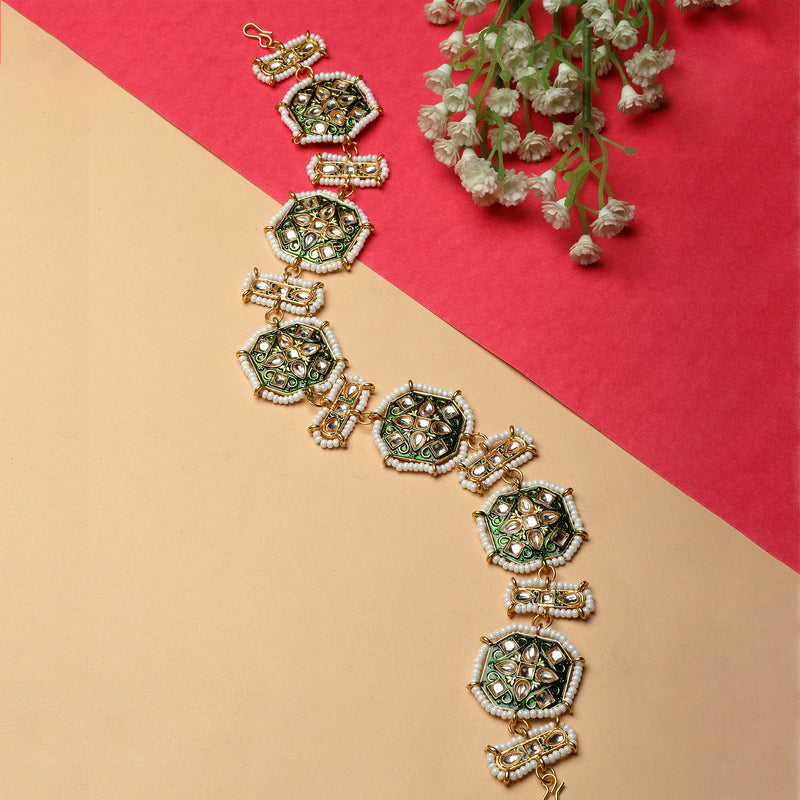 Gold-Plated Green Kundan Studded Hexagonal MathaPatti