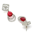 Rhodium Plated Geometric Shape Red American Diamond Contemporary Drop Earrings