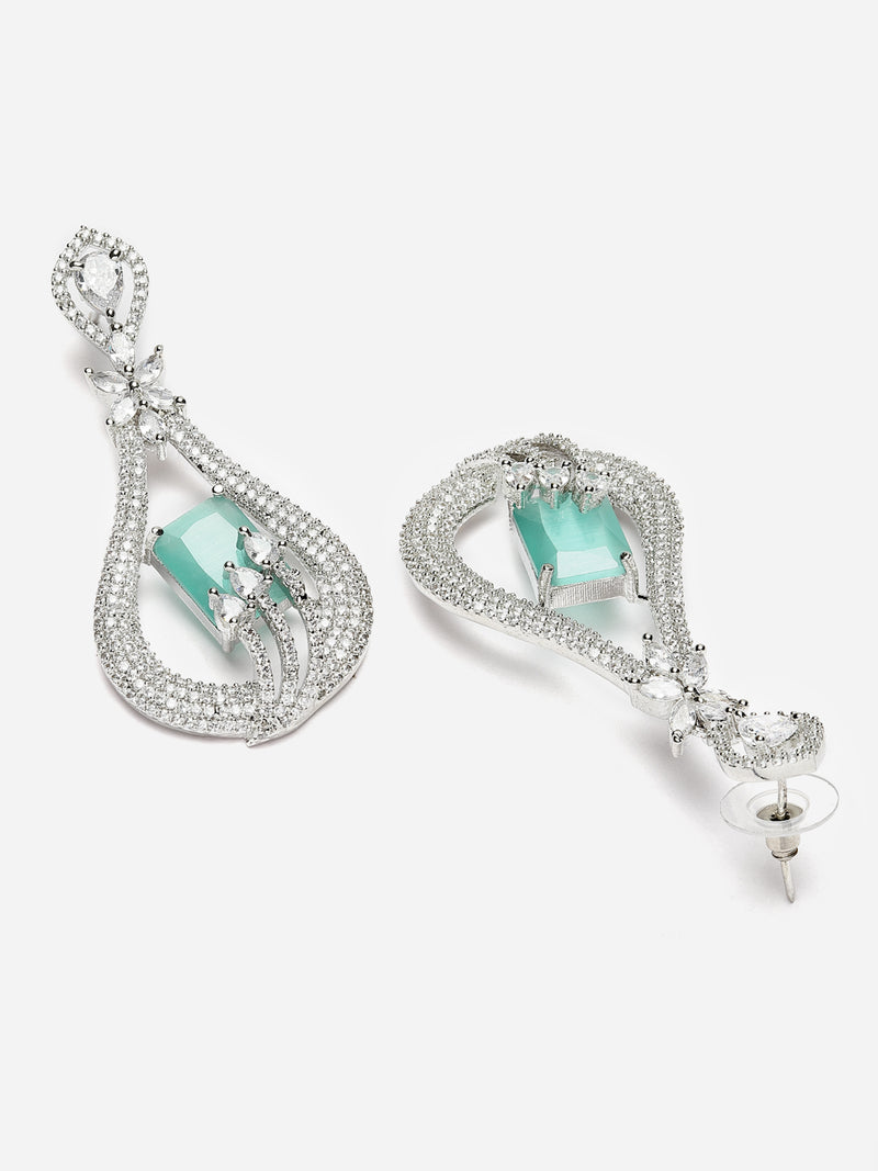 Rhodium-Plated Sea Green American Diamond studded Handcrafted Quirky Shaped Drop Earrings