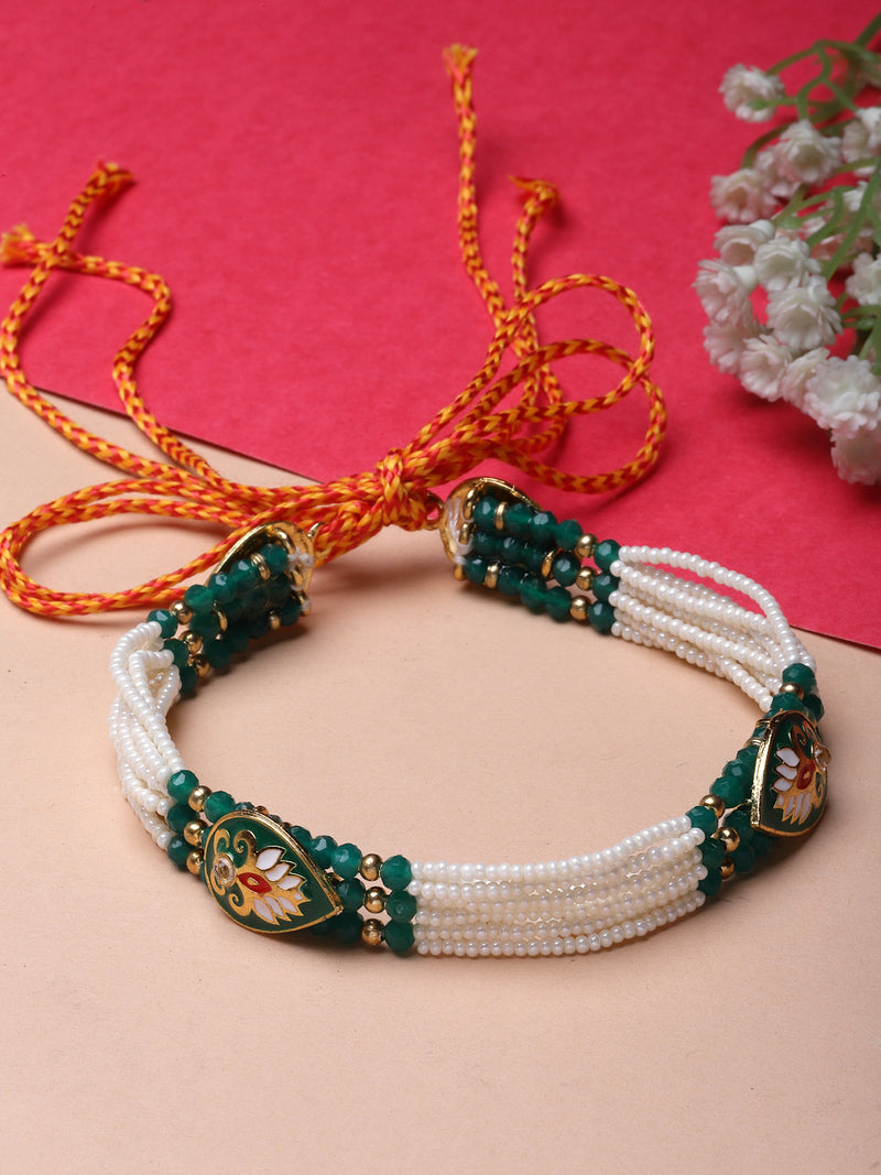 Gold-Plated White & Green Artificial Stones and Beads studded Handcarfted Matha Patti
