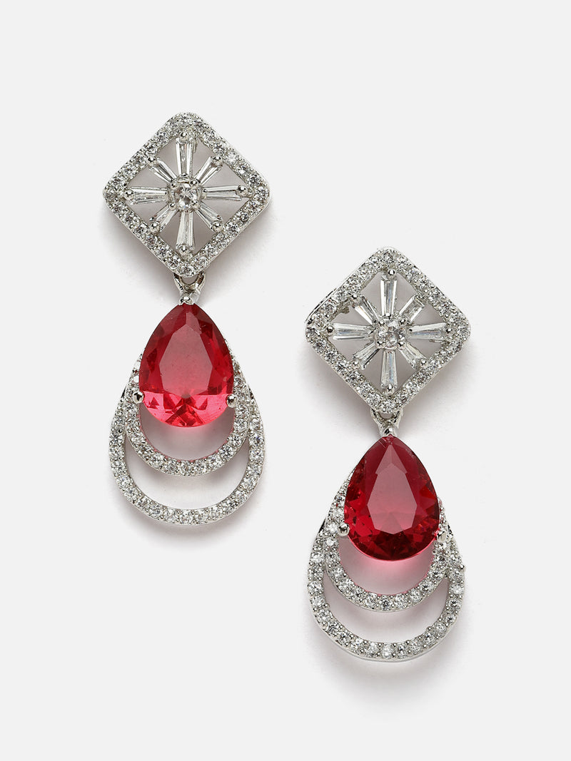 Rhodium-Plated Red American Diamond studded Handcrafted Teardrop Layered Drop Earrings