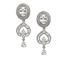 Rhodium-Plated White American Diamond studded Handcrafted Oval & Teardrop Shaped Drop Earrings