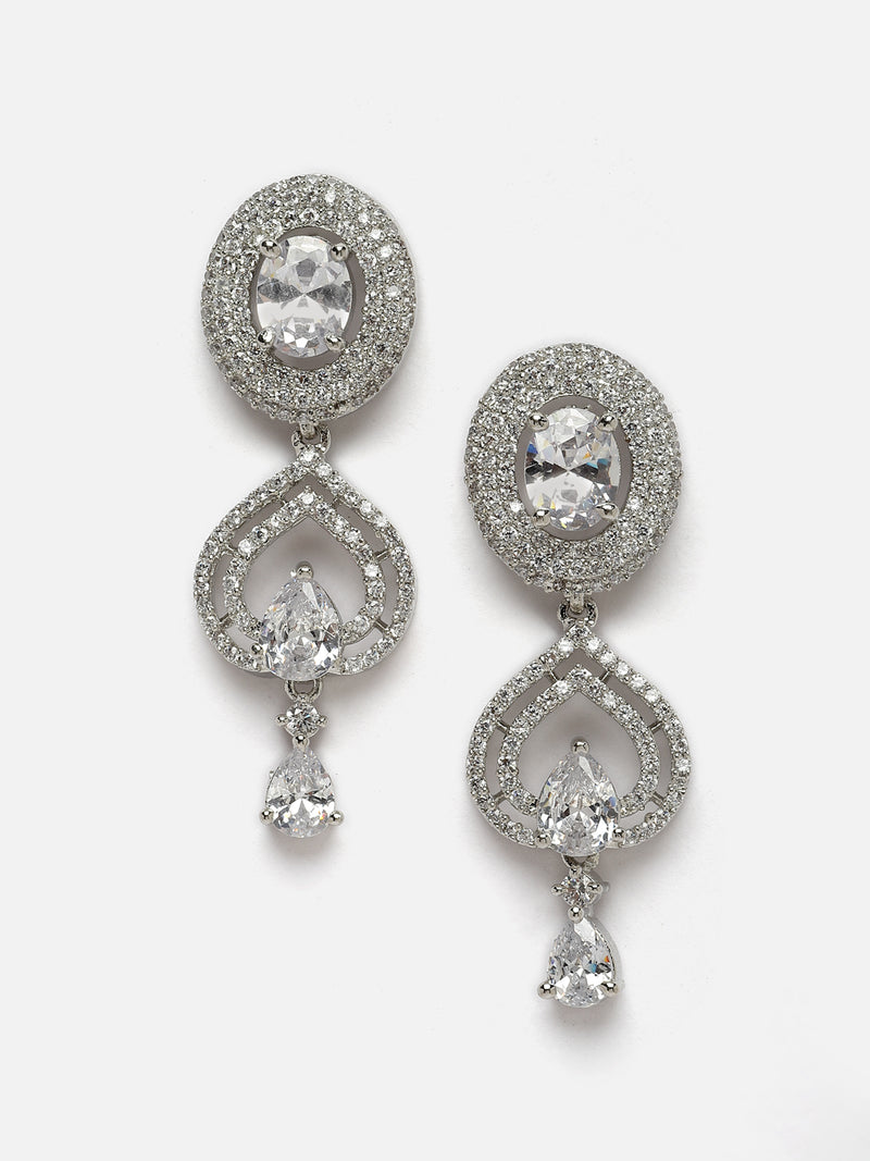 Rhodium-Plated White American Diamond studded Handcrafted Oval & Teardrop Shaped Drop Earrings