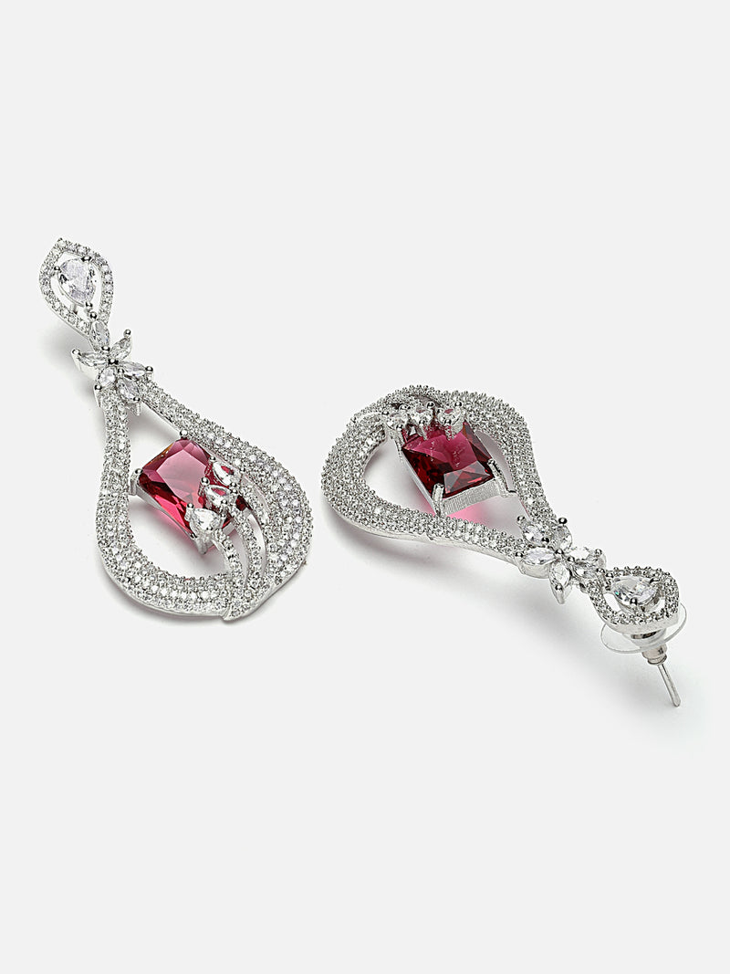 Rhodium-Plated Red American Diamond studded Handcrafted Quirky Shaped Drop Earrings