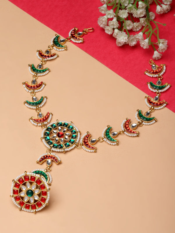 Gold-Plated White & Red Artificial Stones and Beads studded Borla Style Sheeshphool