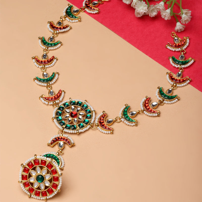 Gold-Plated White & Red Stones and Beads studded Borla Style Sheeshphool