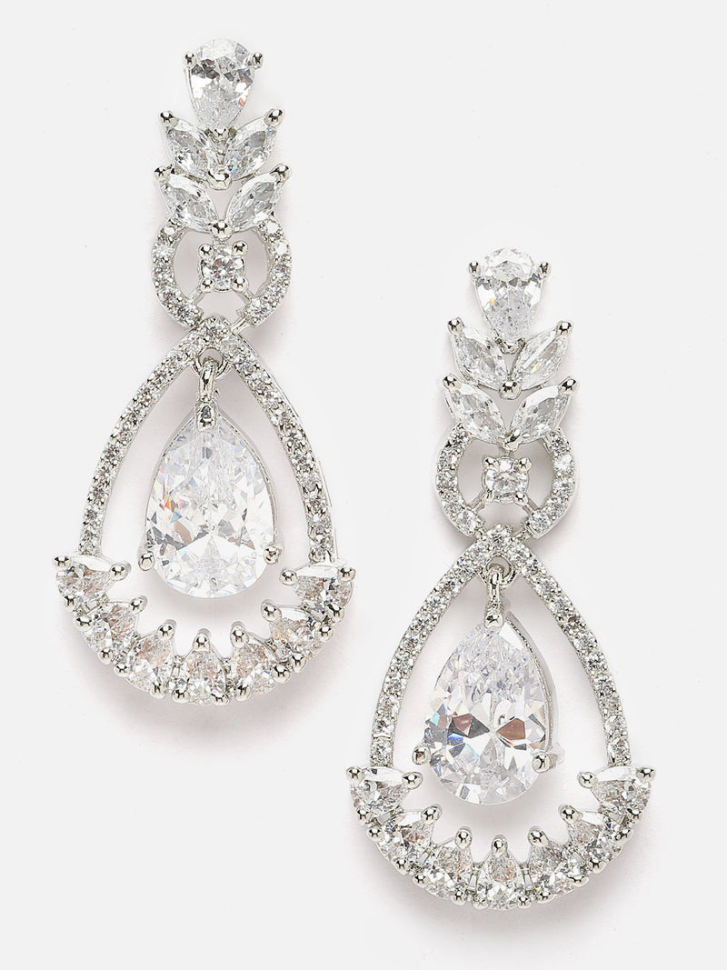 Rhodium-Plated White American Diamond studded Teardrop & Leaf Shaped Drop Earrings