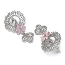 Rhodium Plated Peacock Pink American Diamond Contemporary Long Drop Earrings