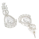 Rhodium Plated Teardrop & Leaf White American Diamond Contemporary Long Drop Earrings
