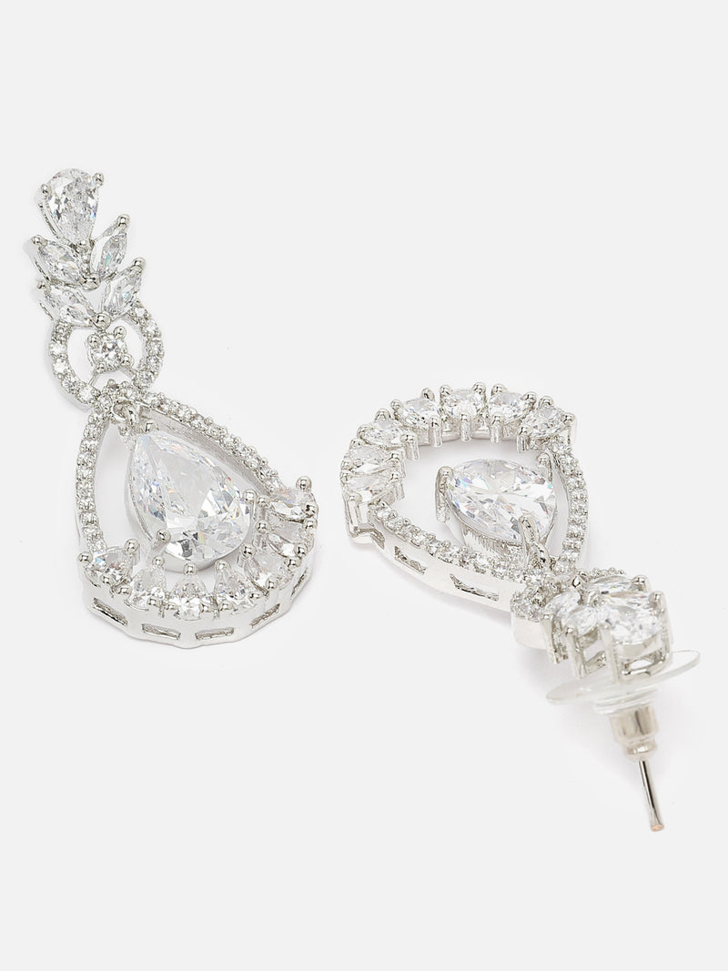 Rhodium-Plated White American Diamond studded Teardrop & Leaf Shaped Drop Earrings