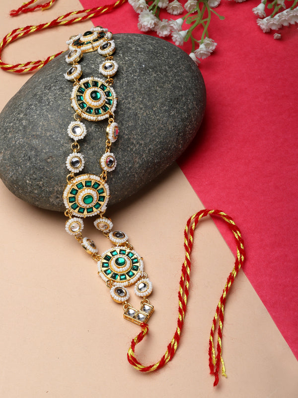 Gold-Plated Green & White Artificial Stones and Beads studded Matha Patti