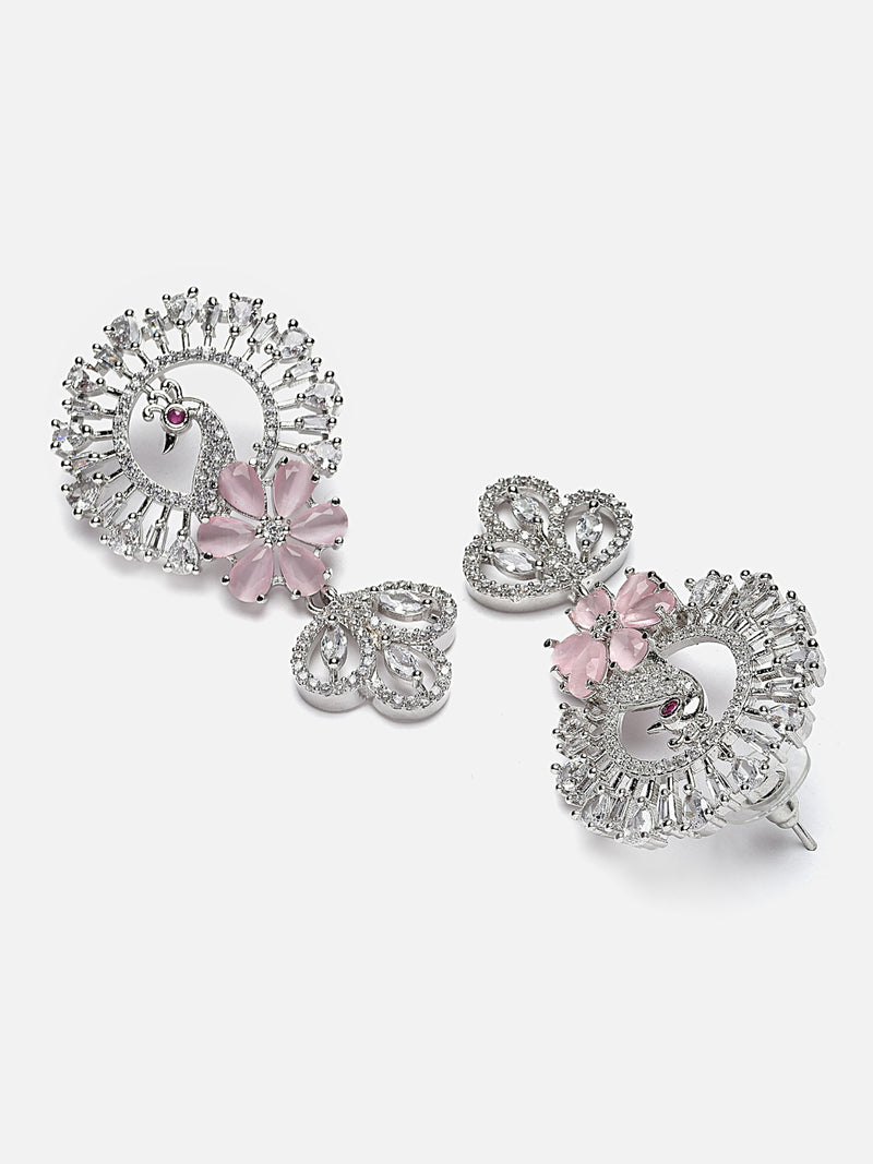 Rhodium-Plated Pink American Diamond studded Handcrafted Peacock Shaped Drop Earrings