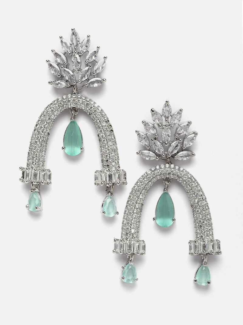 Rhodium-Plated Sea Green American Diamond studded Quirky Handcrafted Drop Earrings