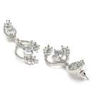 Rhodium Plated Leaf White AD Studded Contemporary Long Drop Earrings