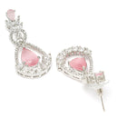 Rhodium Plated Teardrop & Leaf Pink American Diamond Contemporary Long Drop Earrings