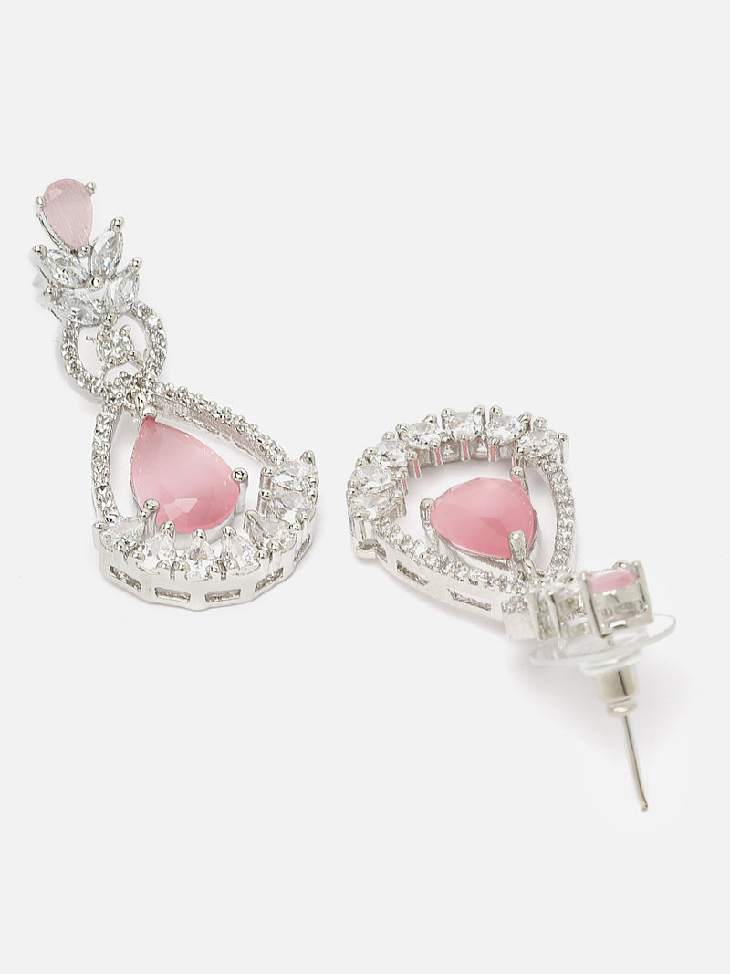 Rhodium-Plated Pink American Diamond studded Teardrop & Leaf Shaped Drop Earrings