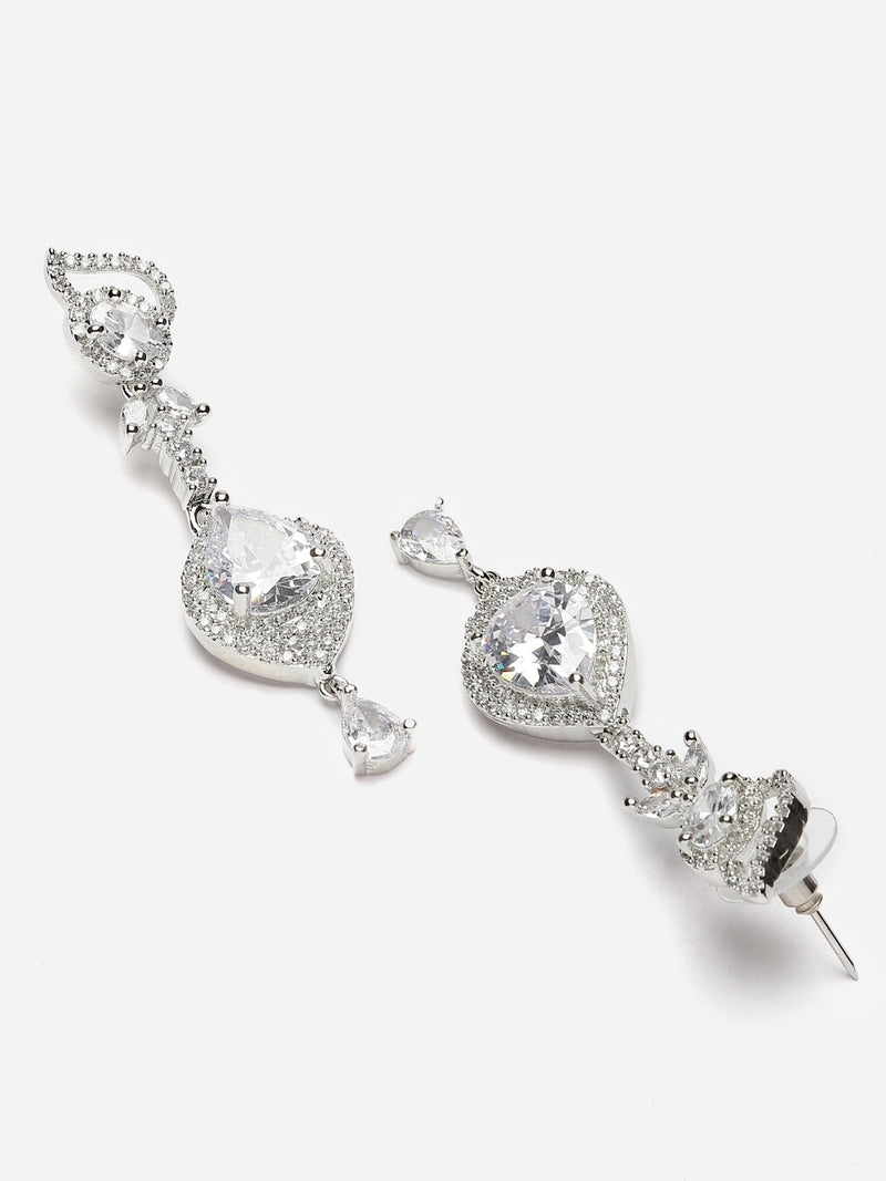 Rhodium-Plated White American Diamond studded Handcrafted Teardrop Drop Earrings
