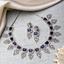 Rhodium-Plated Navy Blue American Diamond Studded Leaf Shaped Necklace with Earring Jewellery Set