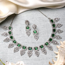 Rhodium-Plated Green American Diamond Studded Leaf Shaped Necklace with Earrings Jewellery Set