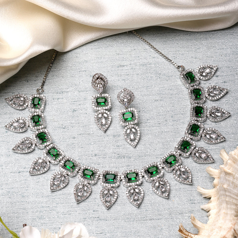 Rhodium-Plated Green American Diamond Studded Leaf Shaped Necklace with Earrings Jewellery Set