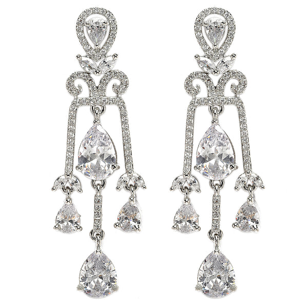 Rhodium-Plated White American Diamond studded Spiked Drop Earrings