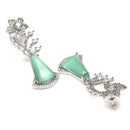 Rhodium Plated Floral Vine Sea Green American Diamond Contemporary Long Drop Earrings