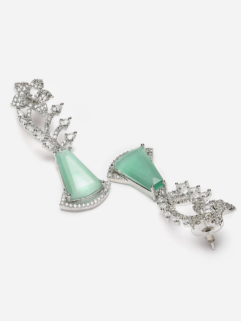 Rhodium-Plated Sea Green & White American Diamond studded Floral Theme Drop Earrings