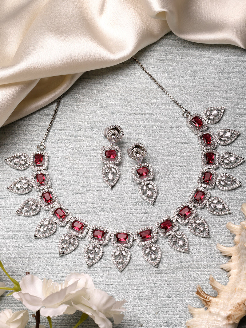 Rhodium-Plated Red American Diamond Studded Leaf Shaped Necklace with Earrings Jewellery Set