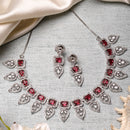Rhodium-Plated Red American Diamond Studded Leaf Shaped Necklace with Earrings Jewellery Set