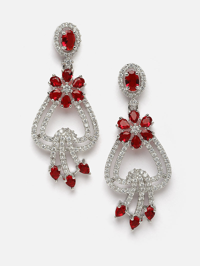 Rhodium-Plated Red & White American Diamond studded Floral Shaped Drop Earrings