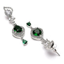 Rhodium Plated Teardrop Green American Diamond Contemporary Long Drop Earrings