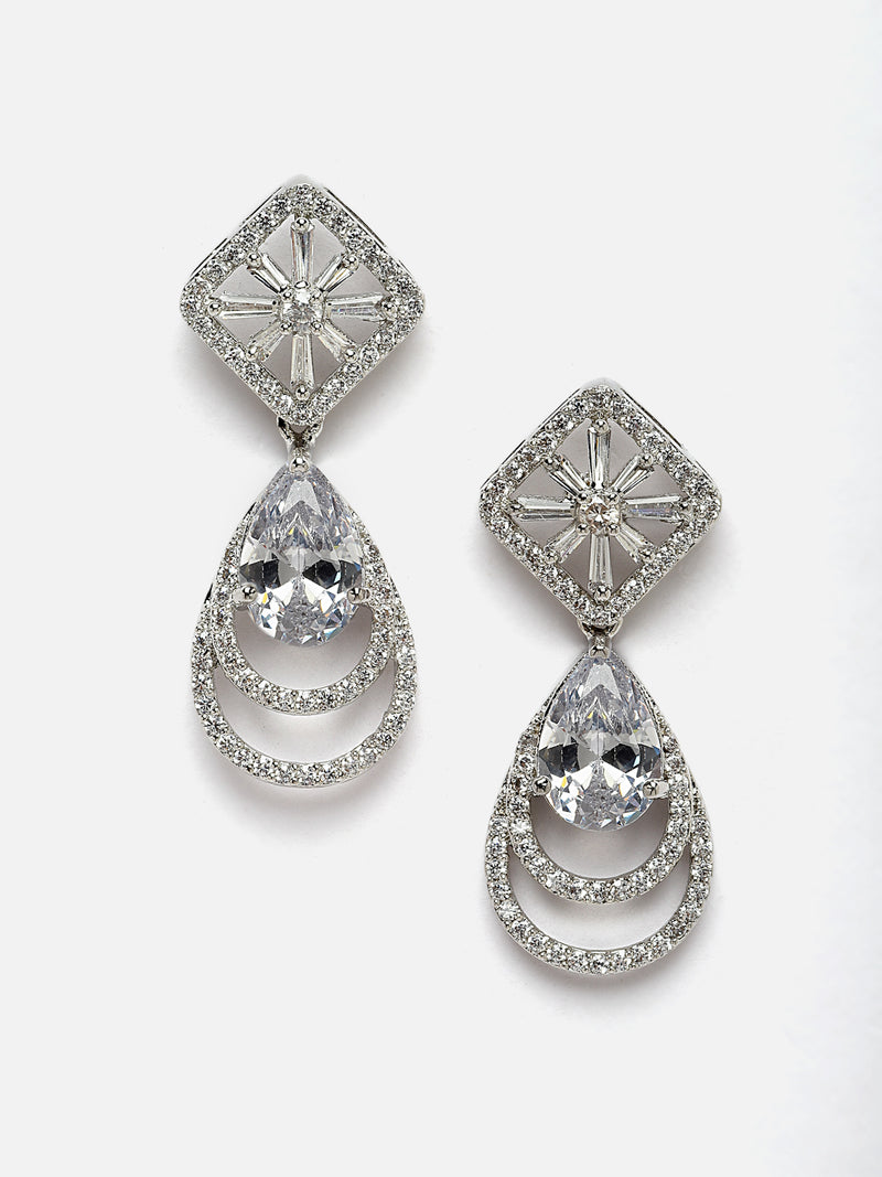 Rhodium-Plated White American Diamond studded Handcrafted Teardrop Layered Drop Earrings