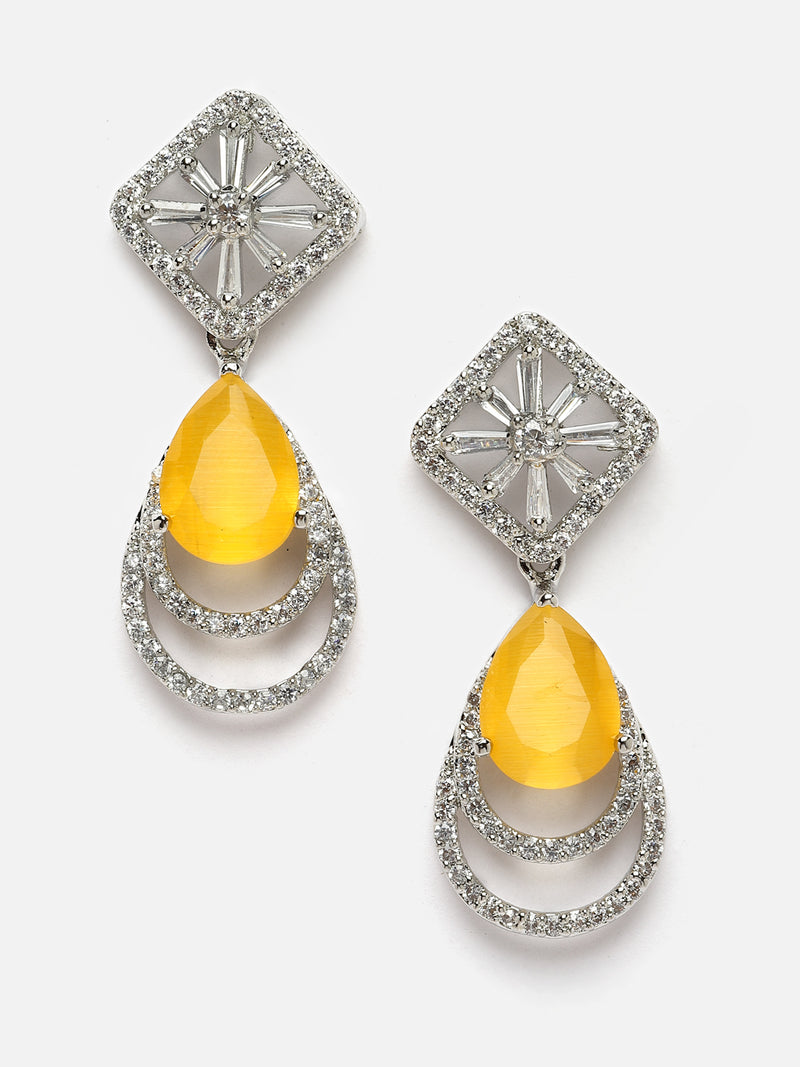 Rhodium-Plated Yellow American Diamond studded Handcrafted Teardrop Layered Drop Earrings