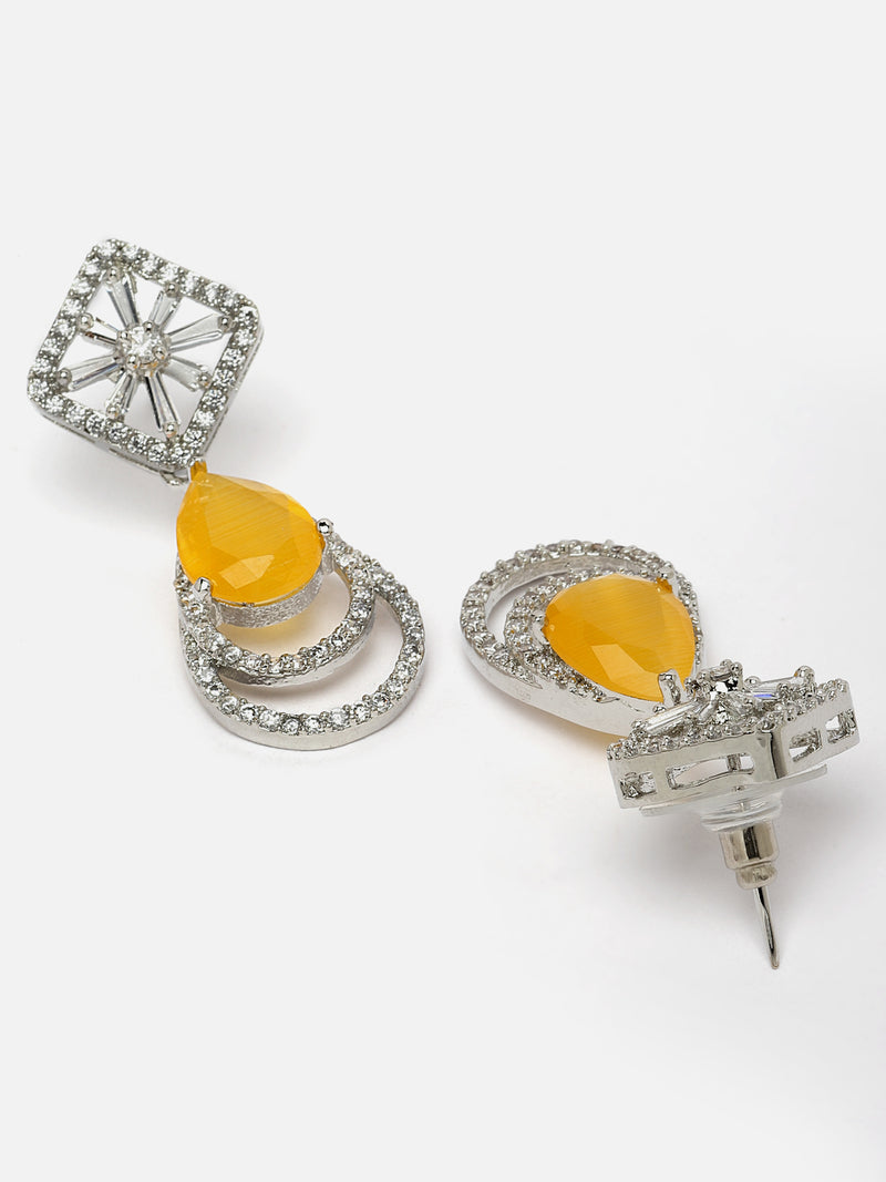 Rhodium-Plated Yellow American Diamond studded Handcrafted Teardrop Layered Drop Earrings
