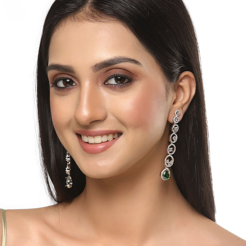 Rhodium-Plated Silver Toned Green & White American Diamond studded Circular Shaped Drop Earrings