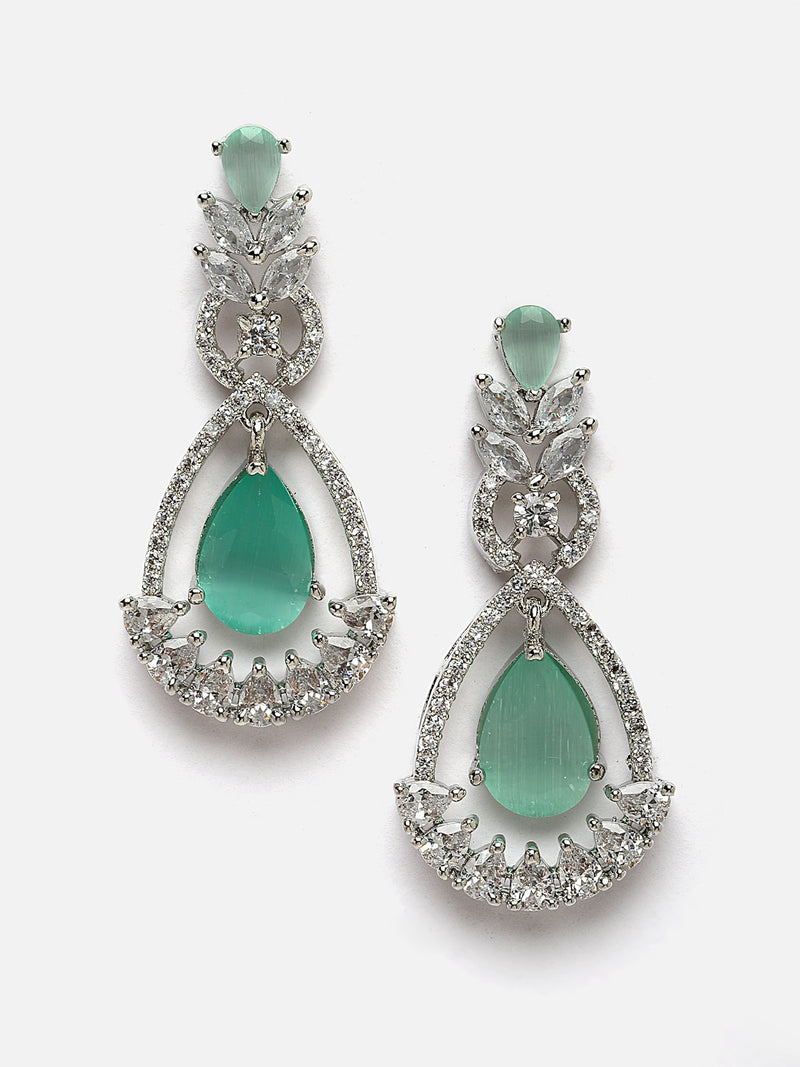 Rhodium-Plated Sea Green American Diamond studded Teardrop & Leaf Shaped Drop Earrings
