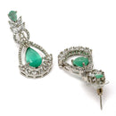 Rhodium Plated Teardrop & Leaf Sea Green American Diamond Contemporary Long Drop Earrings