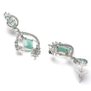 Rhodium Plated Leaf Sea Green American Diamond Contemporary Long Drop Earrings