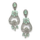 Rhodium-Plated Sea Green & White American Diamond studded Floral Shaped Drop Earrings