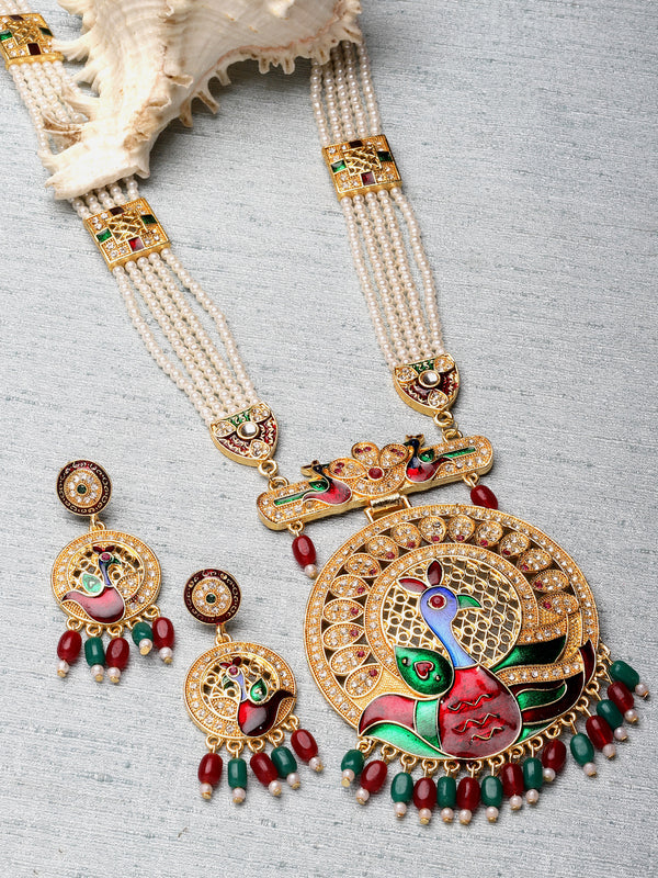 Gold-Plated Artifical Stone Studded & Beaded Peacock Craved Long Necklace with Earring Jewellery Set