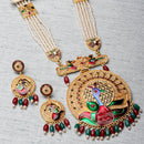 Gold-Plated Artifical Stone Studded & Beaded Peacock Craved Long Necklace with Earring Jewellery Set