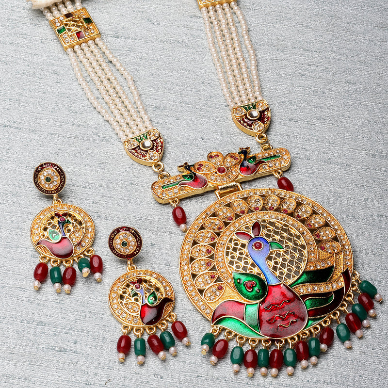 Gold-Plated Artifical Stone Studded & Beaded Peacock Craved Long Necklace with Earring Jewellery Set